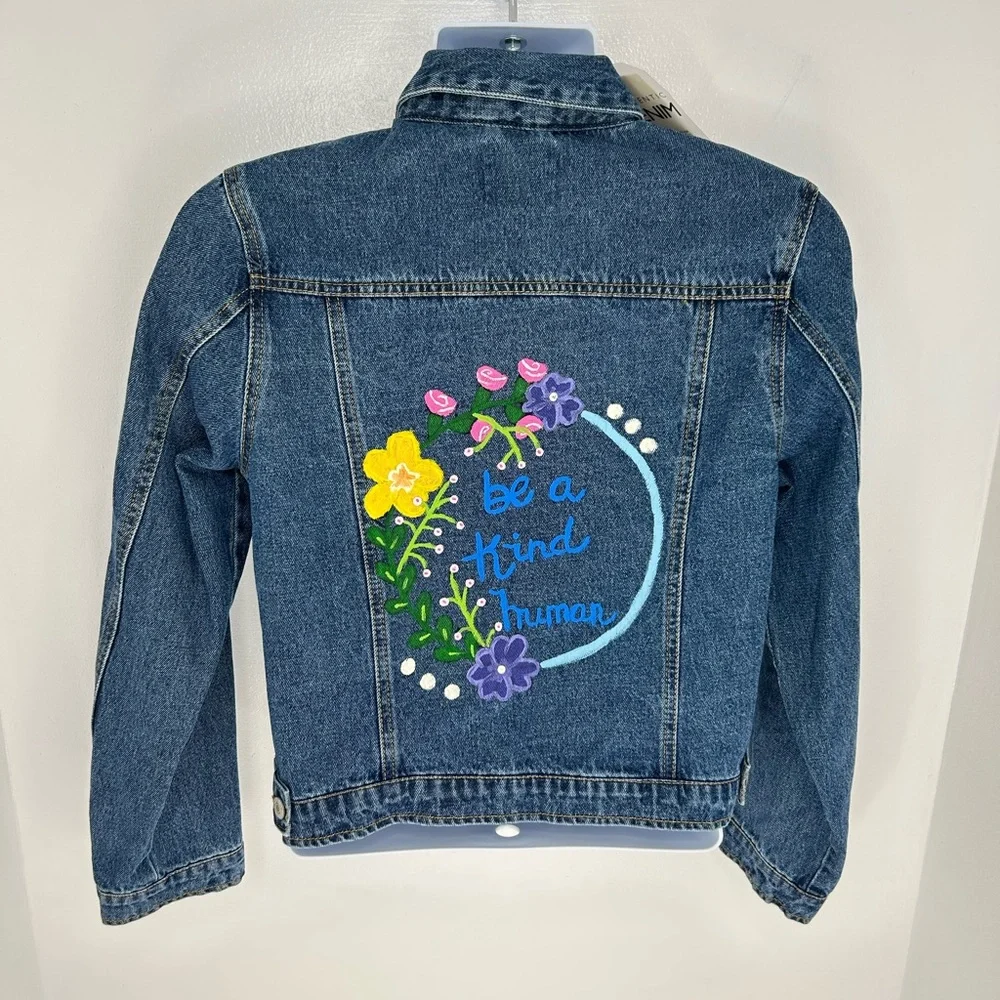 Love Tree Denim Jean Jacket Size Large Be a Kind Human Floral Painted Back‎ - Picture 5 of 13